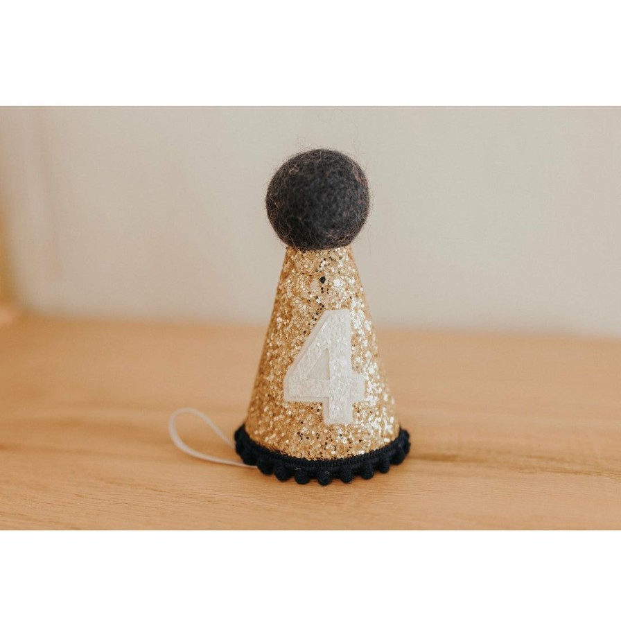 Party Time * | Cutest Little Party # 4 Gold Glitter + Navy Pom Trim + White Glitter Party Hat Party Time