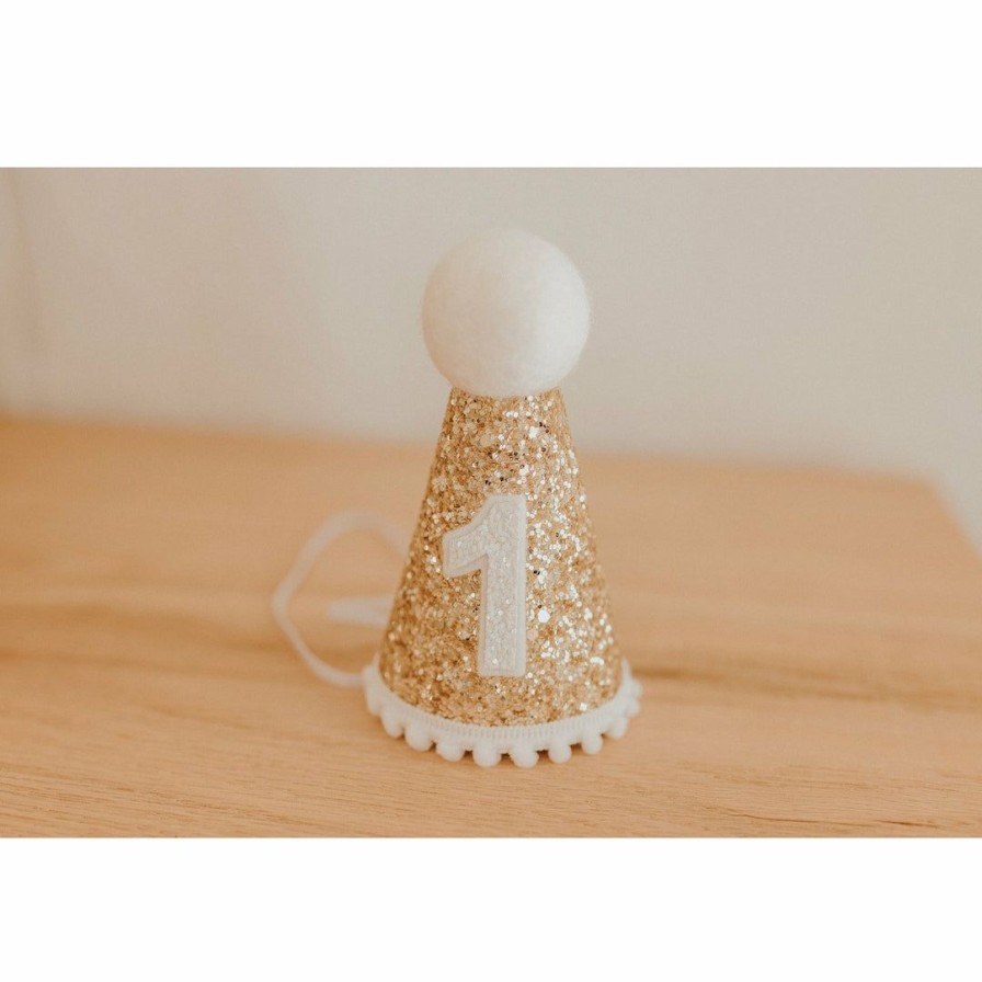 Party Time * | Cutest Little Party Party Time # 1 Gold Glitter + White Pom Trim + White Glitter Party Hat