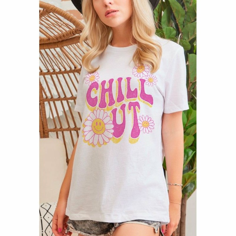 Women * | J+J Chill Out Smiley Face White Tee Graphic Tees