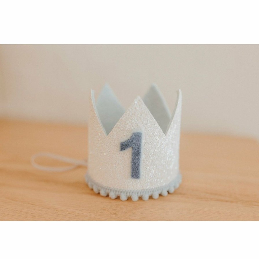 Party Time * | Cutest Little Party # 1 White Glitter + Baby Blue Pom Trim + Pool Felt Crown