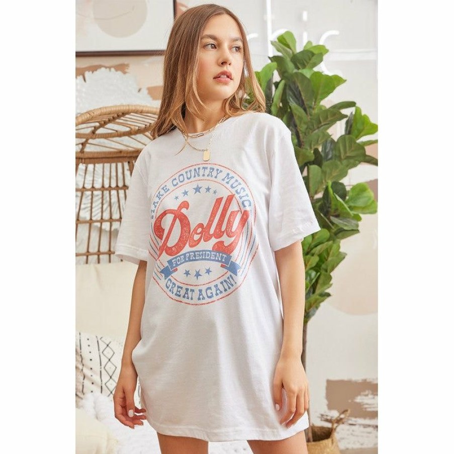 Women * | J+J Graphic Tees Dolly For President White Oversized Tee