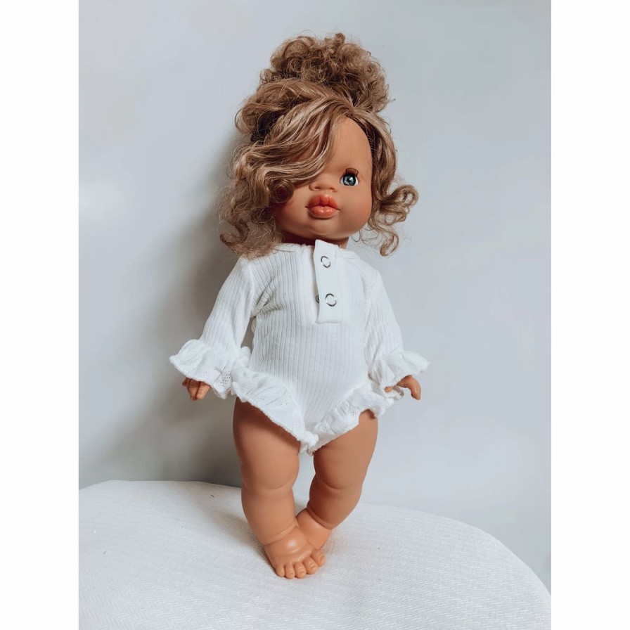 Dolls + Plushies * | White Long Sleeve Ruffle Minikane Romper