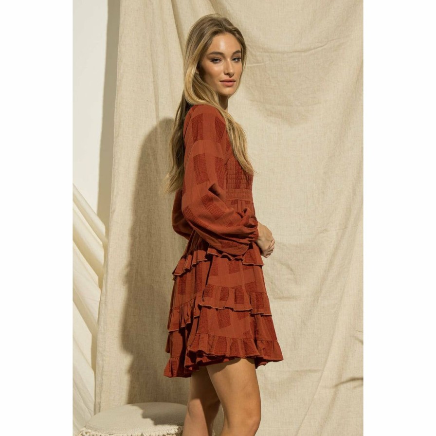 Women * | J+J Rust Ruffle Tiered Dress