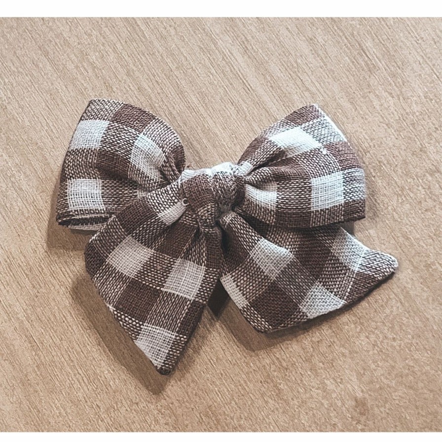 Headwear * | Mae + Skye Toffee Check Mini Pinwheel Bow Hair Clip Headwear