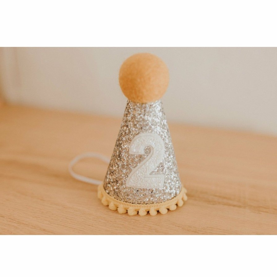 Party Time * | Cutest Little Party # 2 Silver Glitter + Mustard Pom Trim + White Glitter Party Hat Party Hats