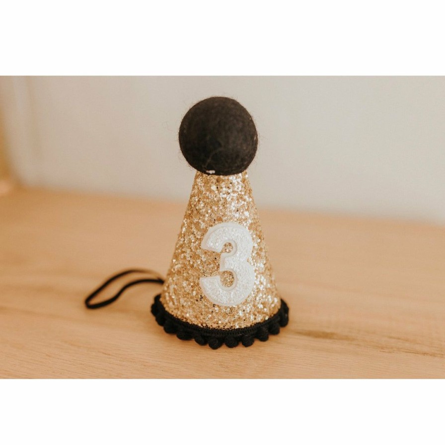 Party Time * | Cutest Little Party Party Time # 3 Gold Glitter + Black Pom Trim + White Glitter Party Hat