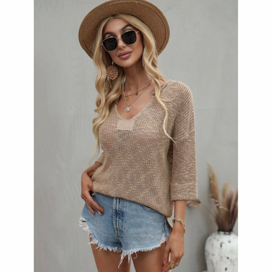 Women * | J+J Tops Beige Drop Shoulder 3/4 Length Sweater