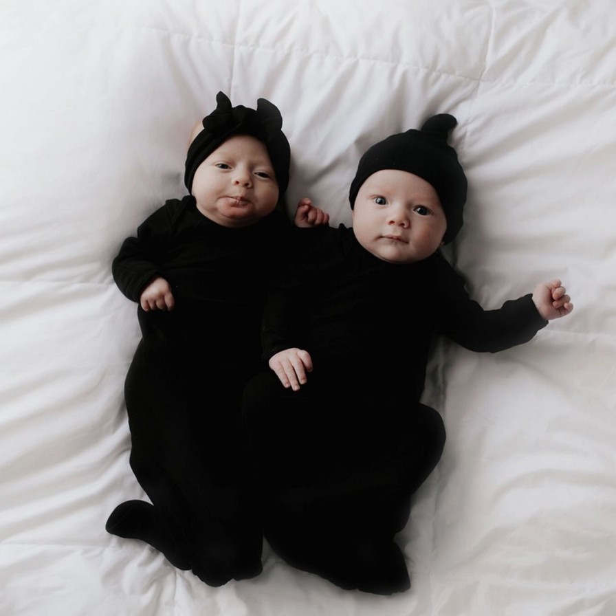 Clothing * | Three Little Tots Preemie + Newborn Black Ribbed Knotted Gown