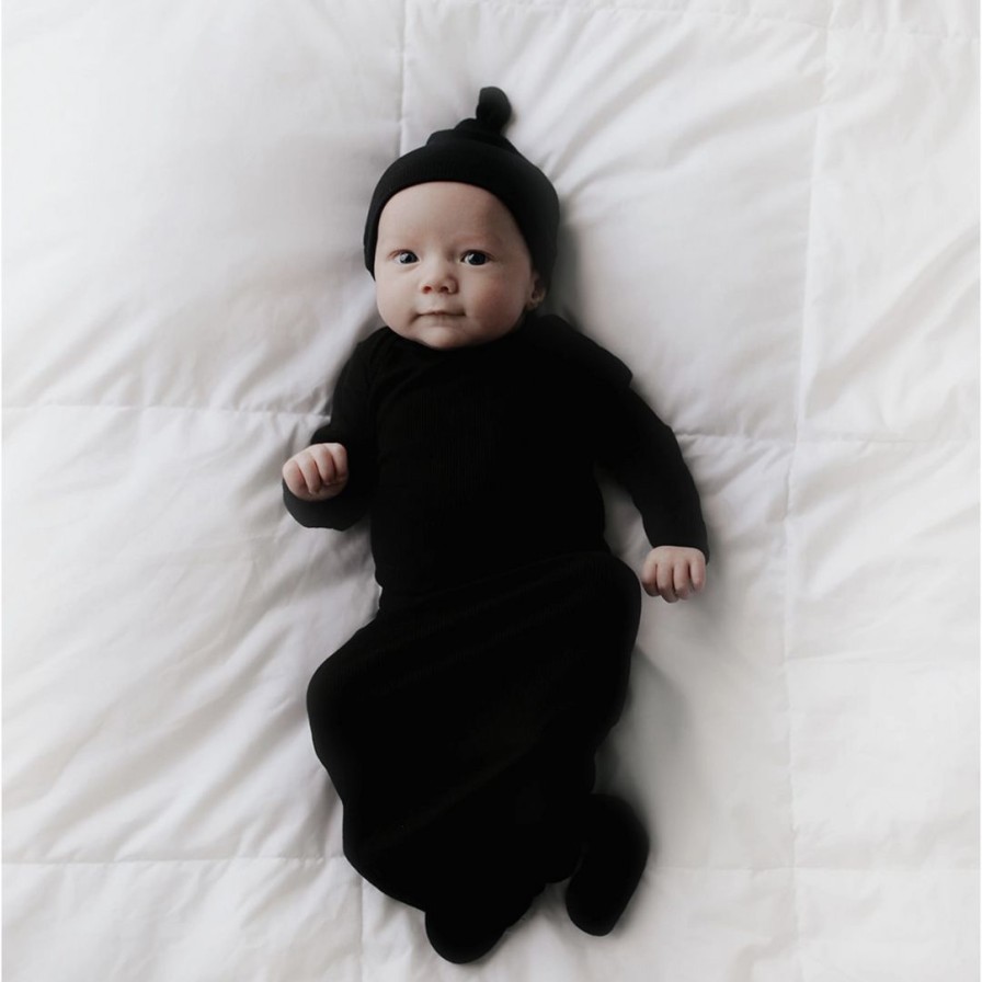 Clothing * | Three Little Tots Preemie + Newborn Black Ribbed Knotted Gown