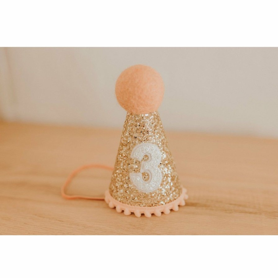 Party Time * | Cutest Little Party # 3 Gold Glitter + Blush Pom Trim + White Glitter Party Hat Party Time