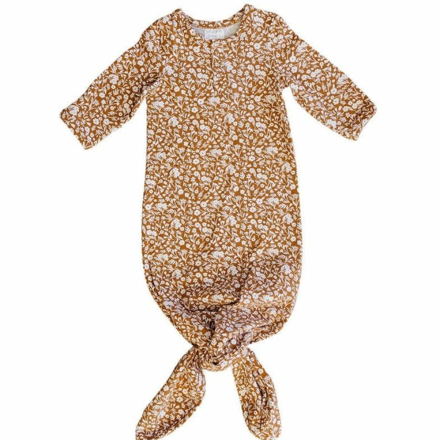 Clothing * | Mebie Baby Preemie + Newborn Mustard Floral Organic Cotton Knotted Gown