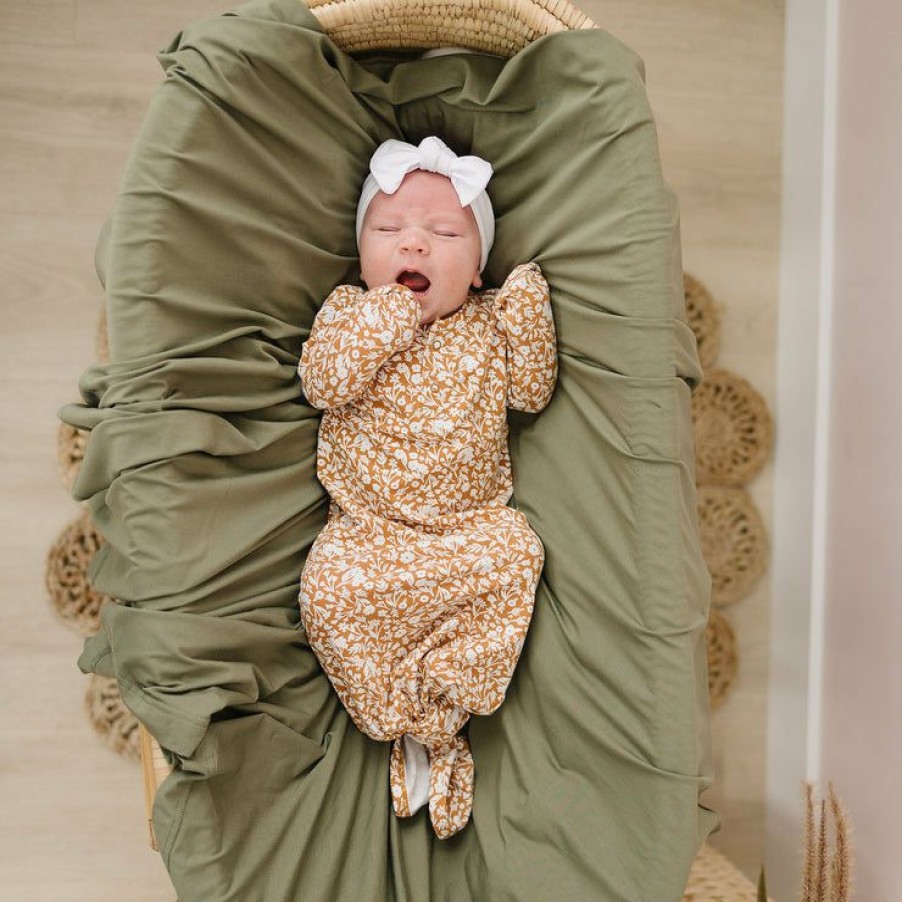 Clothing * | Mebie Baby Preemie + Newborn Mustard Floral Organic Cotton Knotted Gown