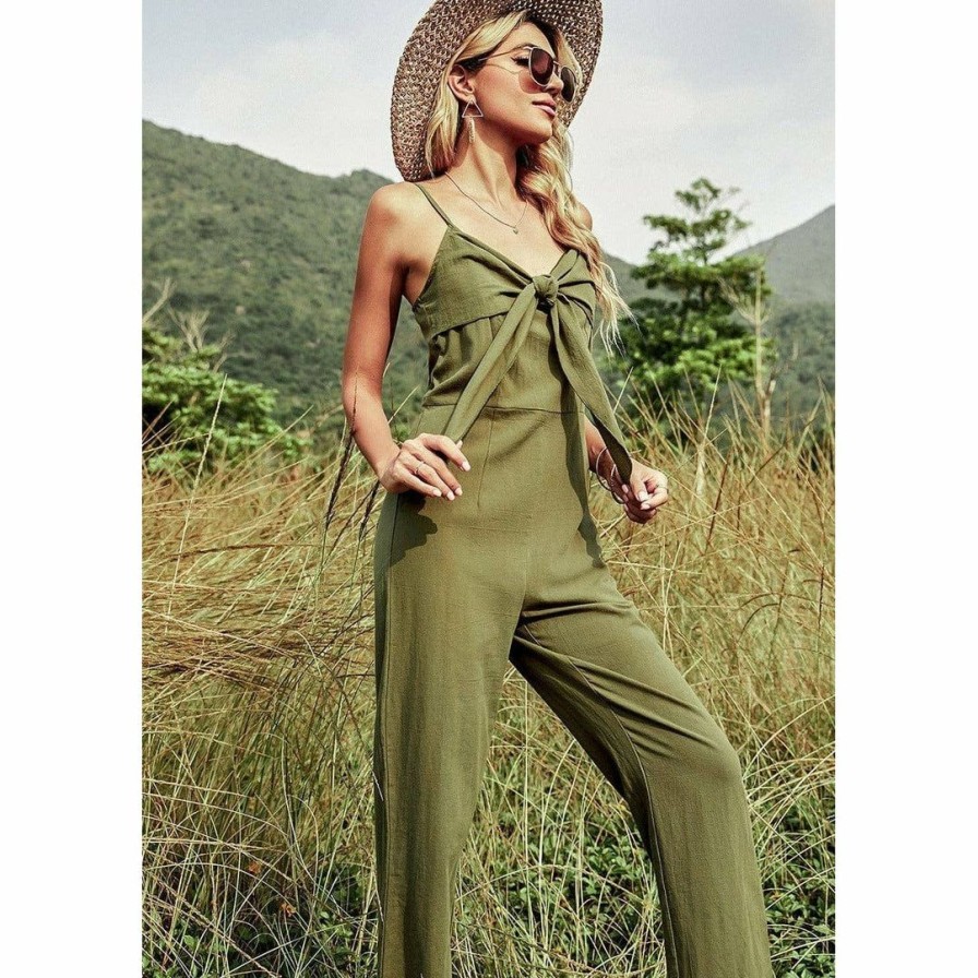 Women * | J+J Rompers + Jumpers Green Tie Front Jumpsuit