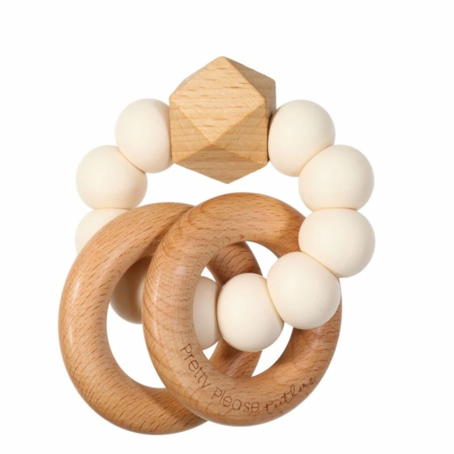 Toys * | Pretty Please Teethers Ivory Sawyer Xl Teething Ring Rattle Toy Toys