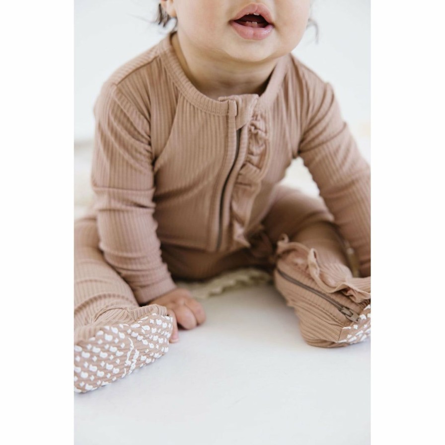 Clothing * | Joss + J Sleepers Tan Ribbed Bamboo Ruffle Zip Sleeper