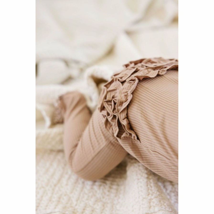 Clothing * | Joss + J Sleepers Tan Ribbed Bamboo Ruffle Zip Sleeper