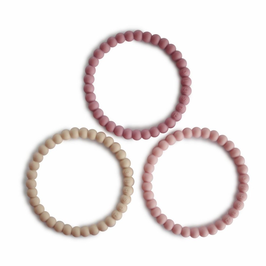 Toys * | Mushie Toys Linen + Peony + Pale Pink Pearl Teething Bracelet Set