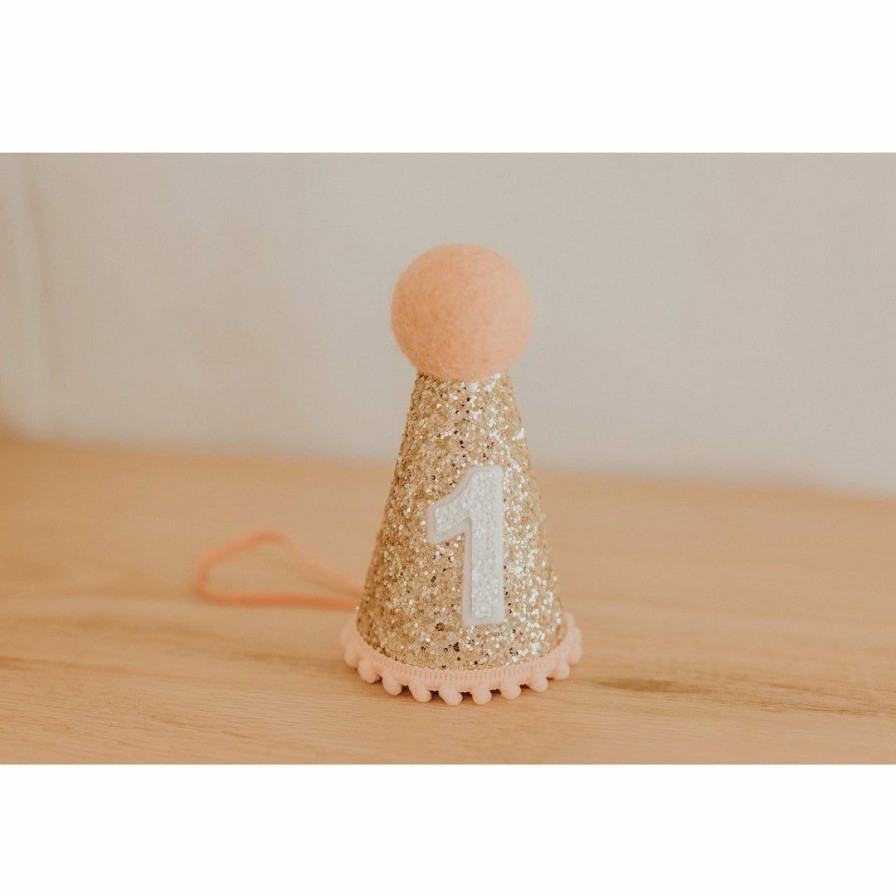 Party Time * | Cutest Little Party # 1 Gold Glitter + Blush Pom Trim + White Glitter Party Hat Party Time