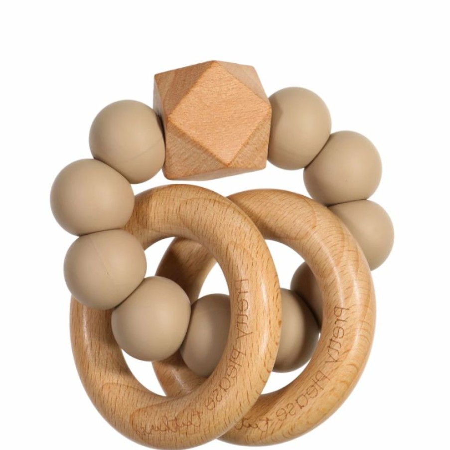 Toys * | Pretty Please Teethers Warm Taupe Sawyer Xl Teething Ring Rattle Toy