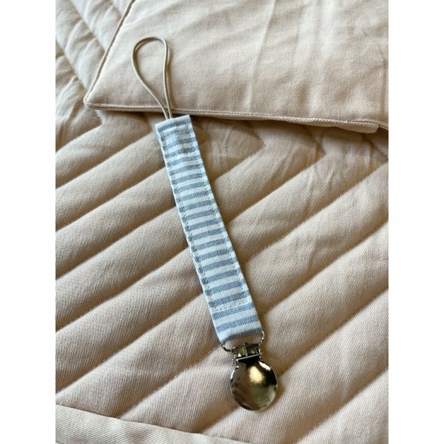 Pacifier Goods * | Mae + Skye Blue Linen Stripes Fabric Pacifier Clip