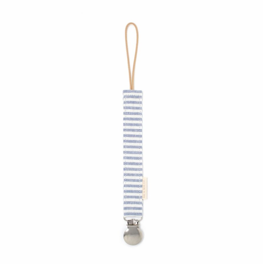 Pacifier Goods * | Mae + Skye Blue Linen Stripes Fabric Pacifier Clip