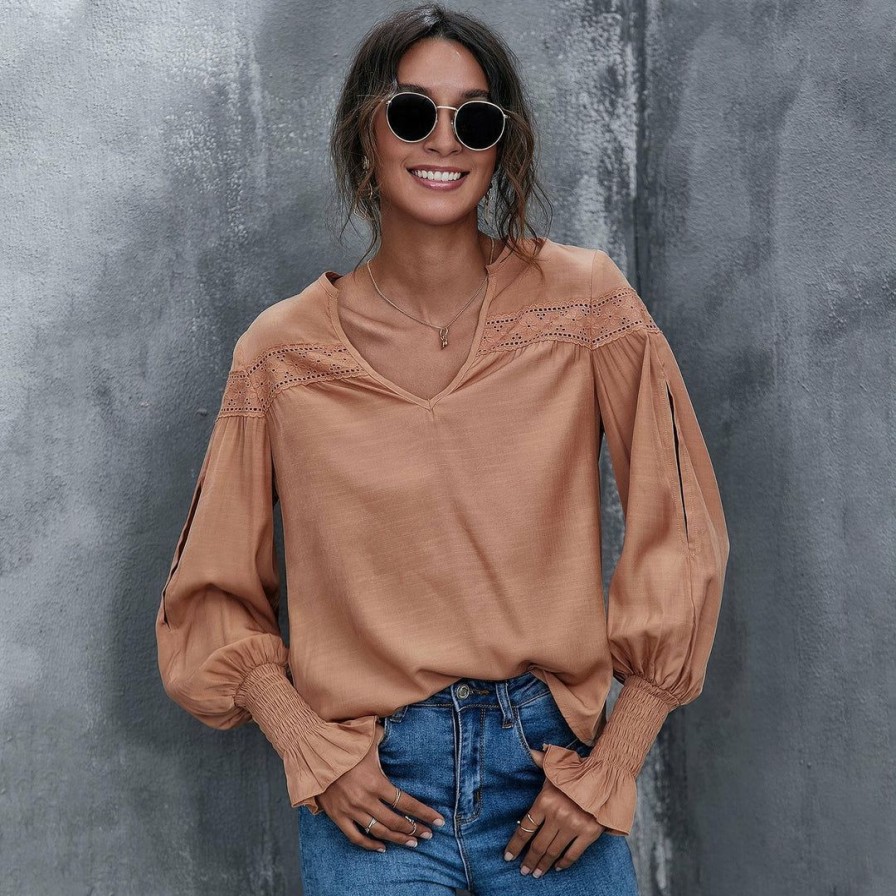 Women * | J+J Caramel Lace Textured Cuffed Blouse Tops