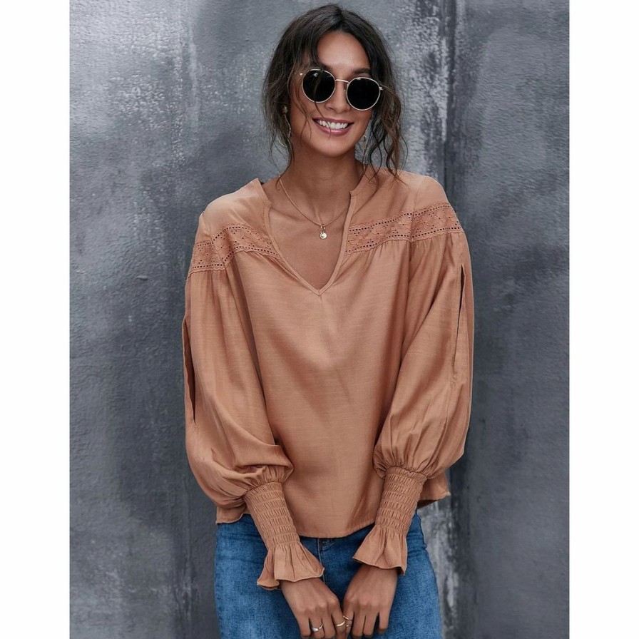 Women * | J+J Caramel Lace Textured Cuffed Blouse Tops