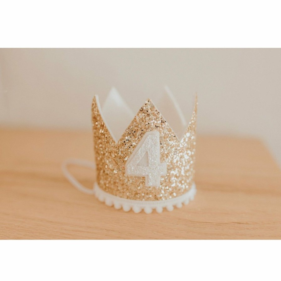 Party Time * | Cutest Little Party # 4 Gold Glitter + White Pom Trim + White Glitter Crown Party Time