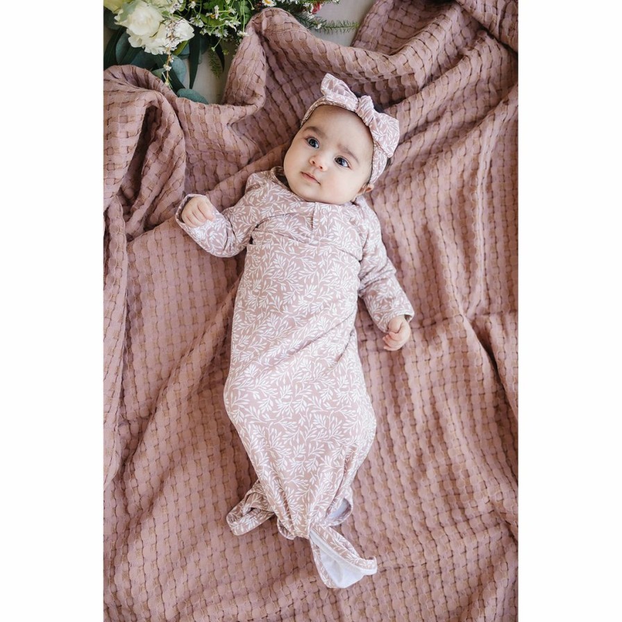 Clothing * | Mebie Baby Dusty Rose Vines Organic Cotton Knotted Gown Preemie + Newborn