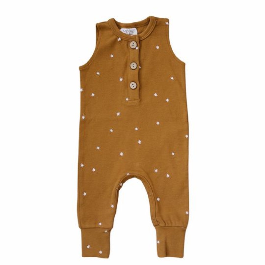 Clothing * | Mebie Baby Mustard Star Organic Cotton Romper Overalls + Rompers