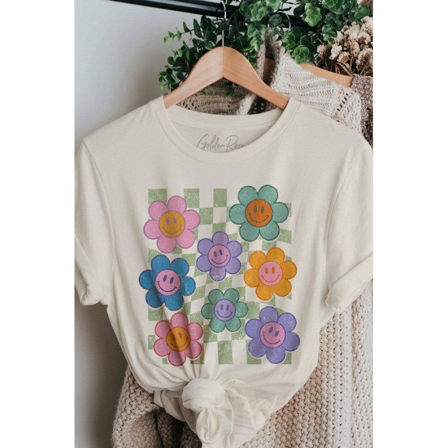 Women * | J+J Retro Flower Smiley Checkered Cream Oversized Tee Graphic Tees