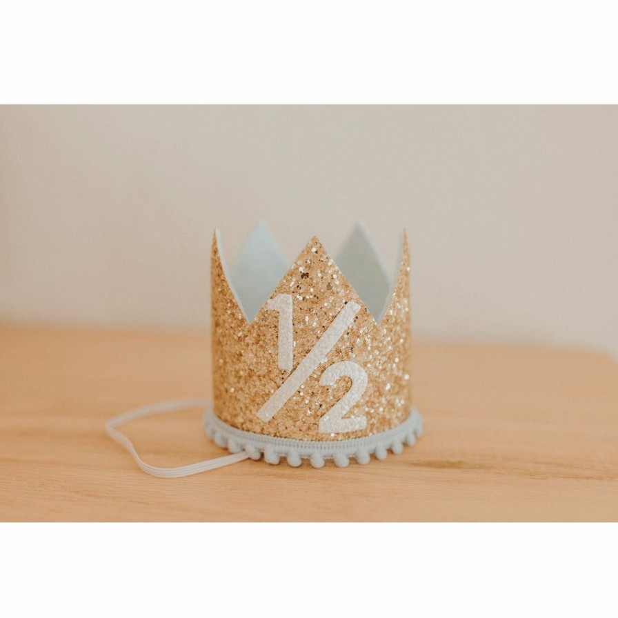 Party Time * | Cutest Little Party Party Time # 1/2 Gold Glitter + Baby Blue Pom Trim + White Glitter Crown