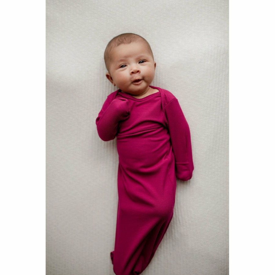 Clothing * | Three Little Tots Preemie + Newborn Magenta Ribbed Knotted Gown