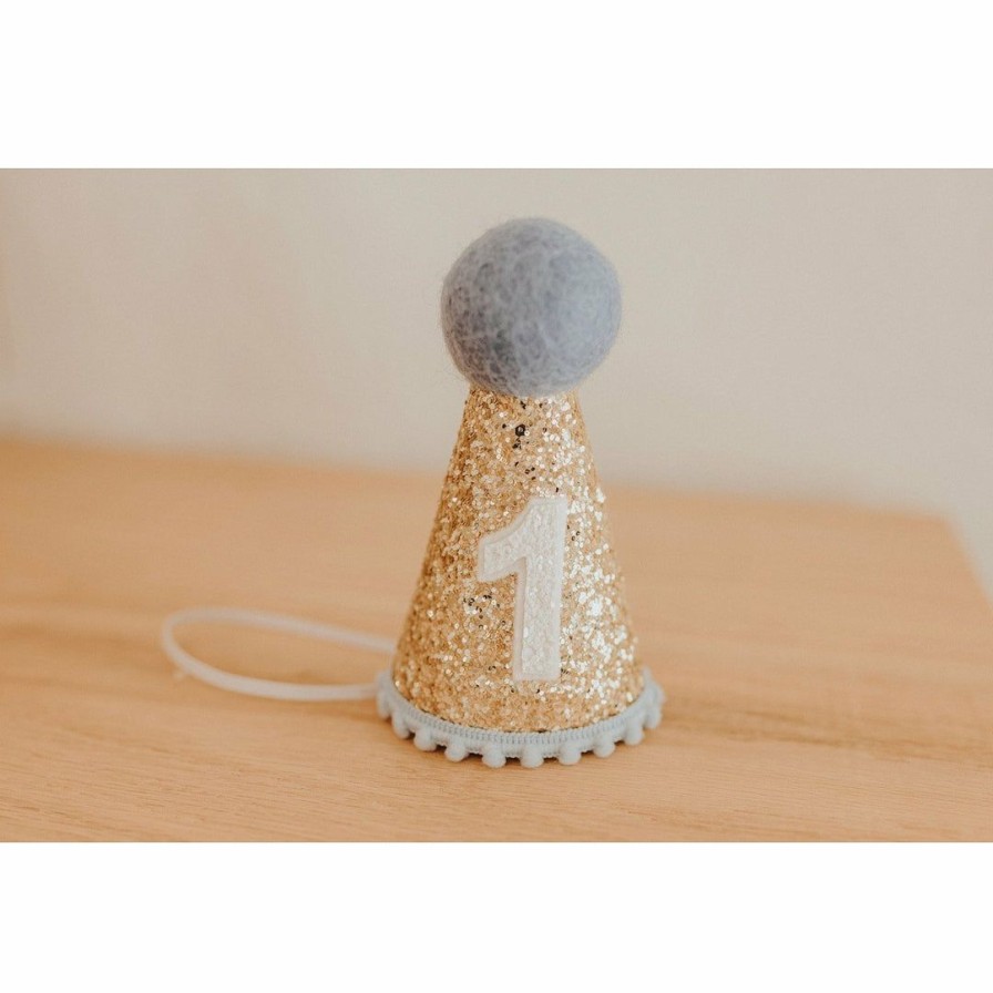 Party Time * | Cutest Little Party Party Hats # 1 Gold Glitter + Baby Blue Pom Trim + White Glitter Party Hat