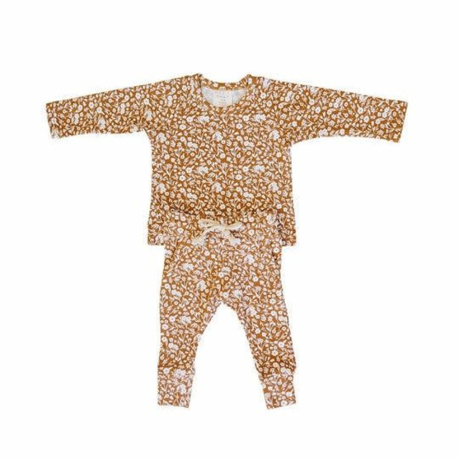 Clothing * | Mebie Baby Mustard Floral Long Sleeve Organic Cotton Set