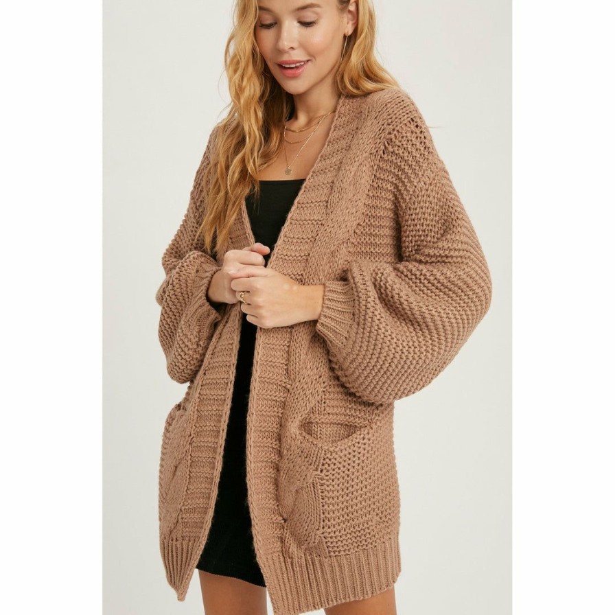 Women * | J+J Brown Chunky Cable Cardigan Outerwear