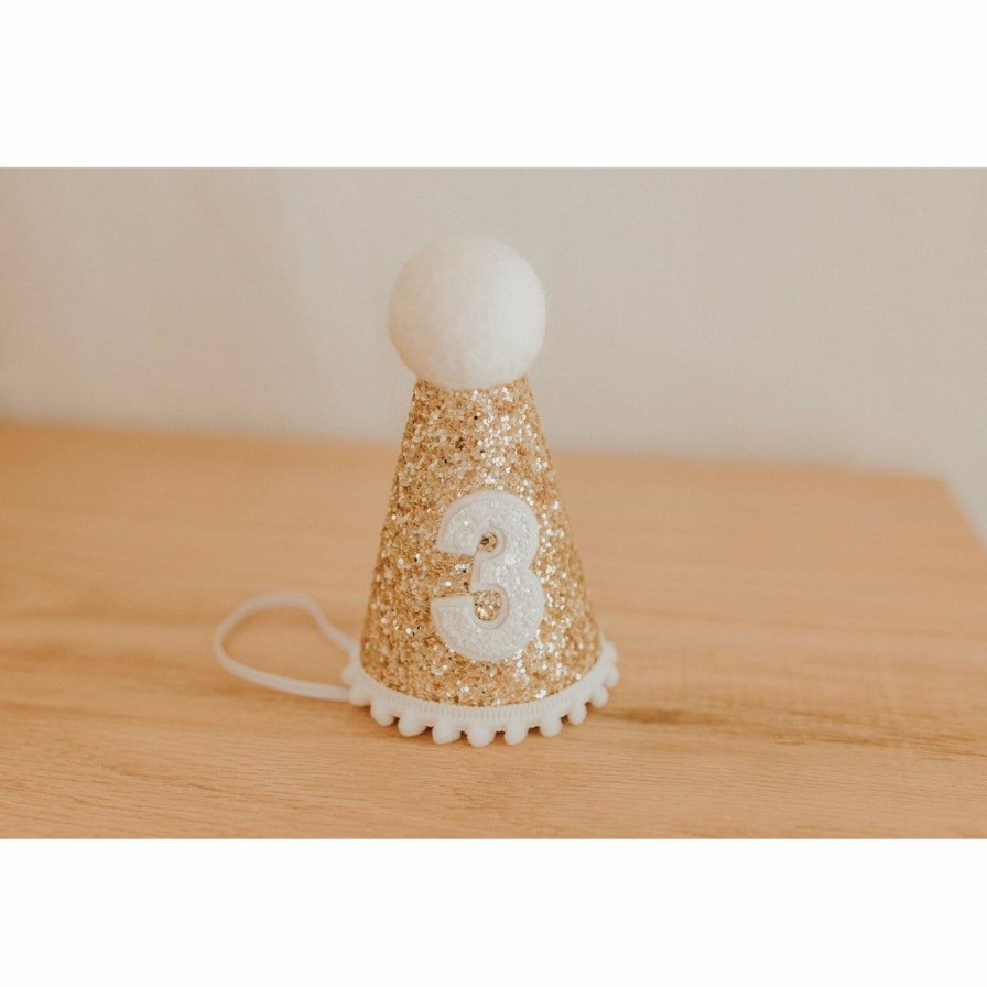 Party Time * | Cutest Little Party # 3 Gold Glitter + White Pom Trim + White Glitter Party Hat