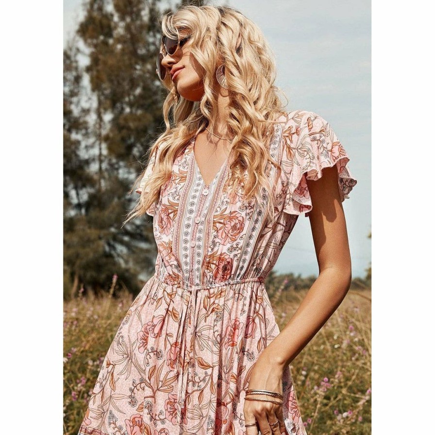 Women * | J+J Pink Butterfly Sleeve Boho Dress Dresses