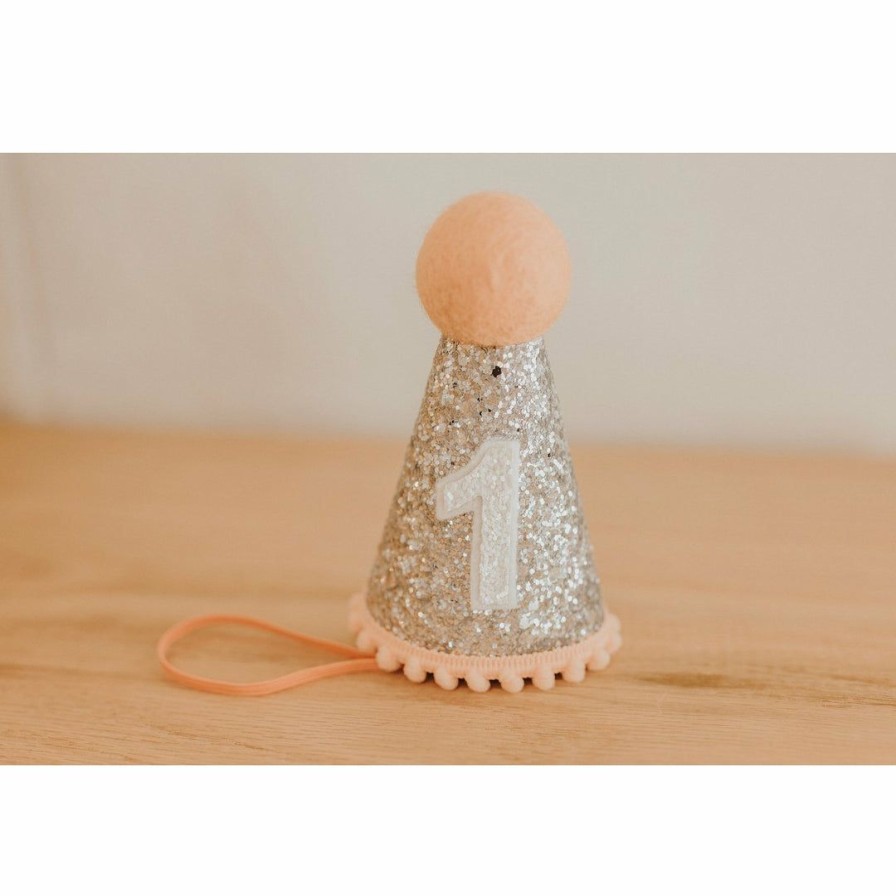 Party Time * | Cutest Little Party Party Time # 1 Silver Glitter + Blush Pom Trim + White Glitter Party Hat