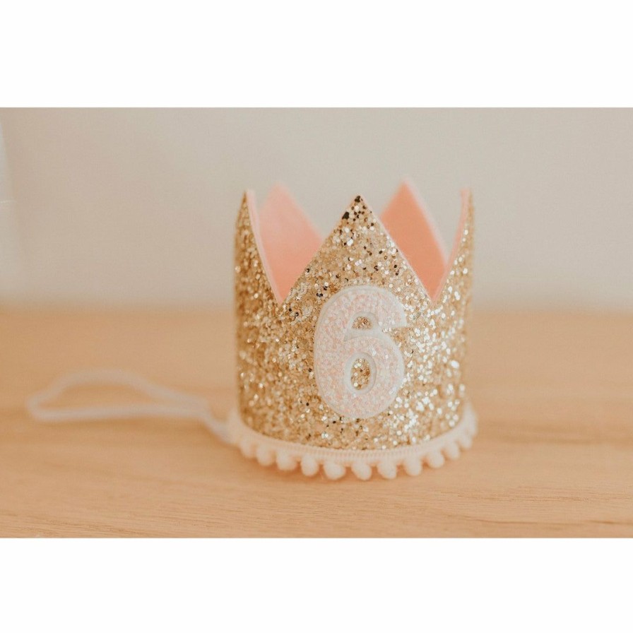 Party Time * | Cutest Little Party # 6 Gold Glitter + Blush Pom Trim + White Glitter Crown Party Time