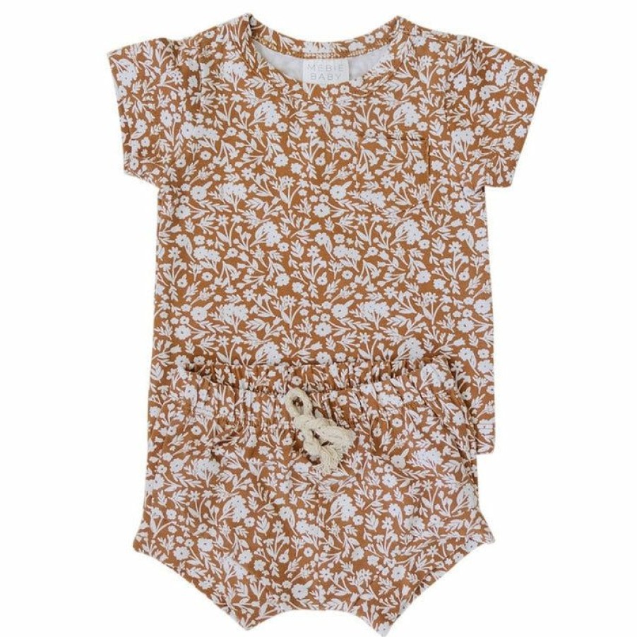 Clothing * | Mebie Baby Mustard Floral Shorts Organic Cotton Set Two-Piece Sets