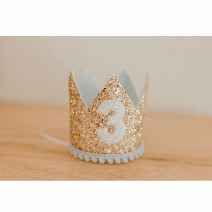 Party Time * | Cutest Little Party # 3 Gold Glitter + Baby Blue Pom Trim + White Glitter Crown