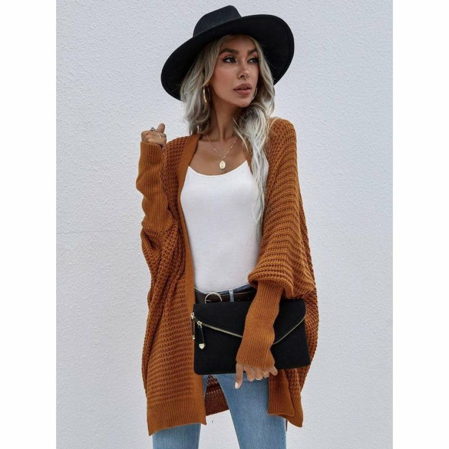 Women * | J+J Brown Waffle Knit Cardigan Outerwear