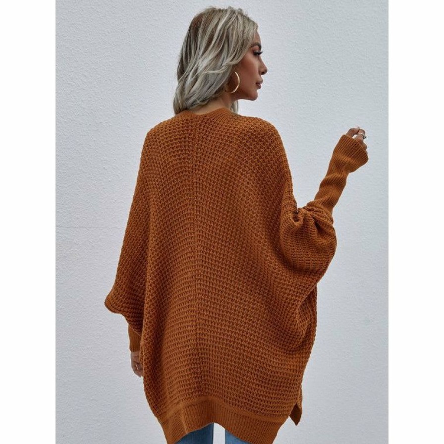 Women * | J+J Brown Waffle Knit Cardigan Outerwear