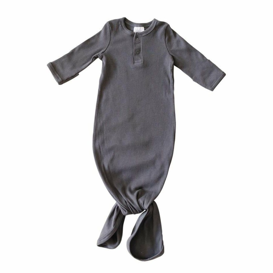 Clothing * | Mebie Baby Preemie + Newborn Charcoal Grey Organic Cotton Ribbed Knotted Gown