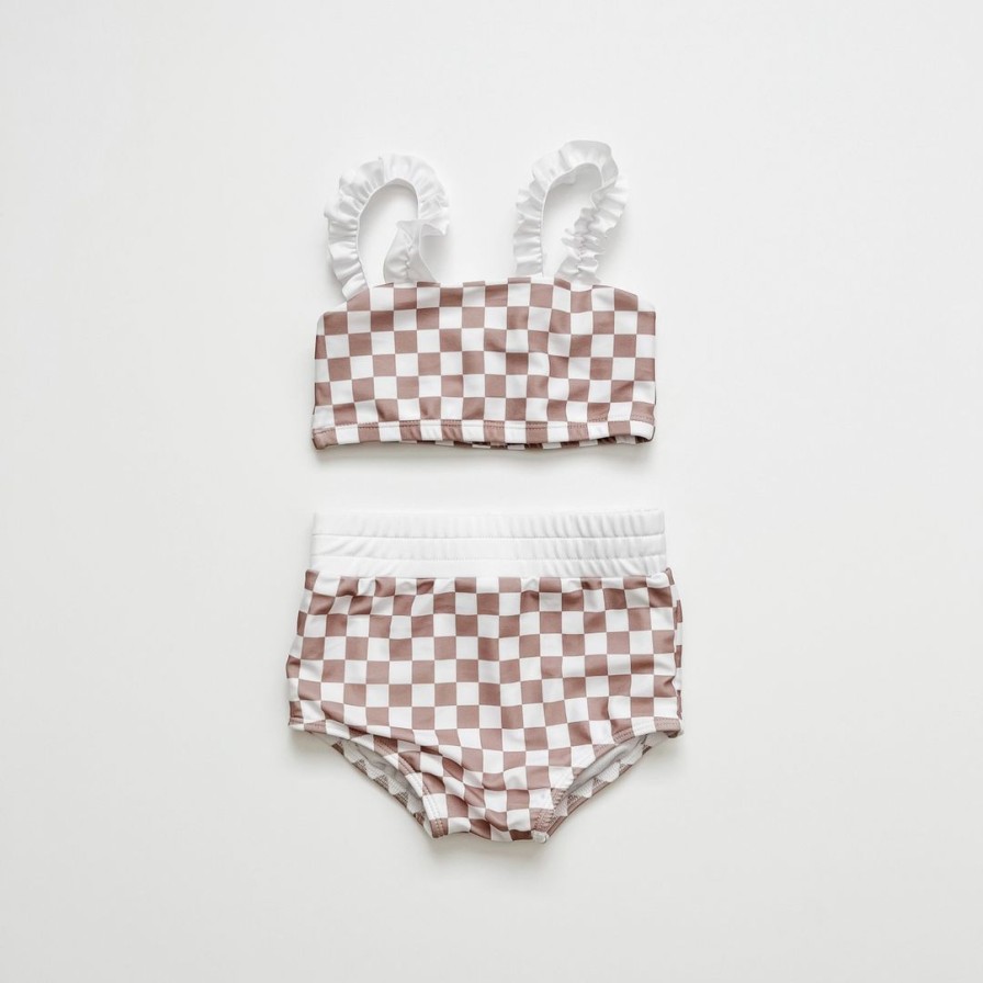 Clothing * | Orcas Lucille Tan Checkered Strap Bandeau Bikini Set