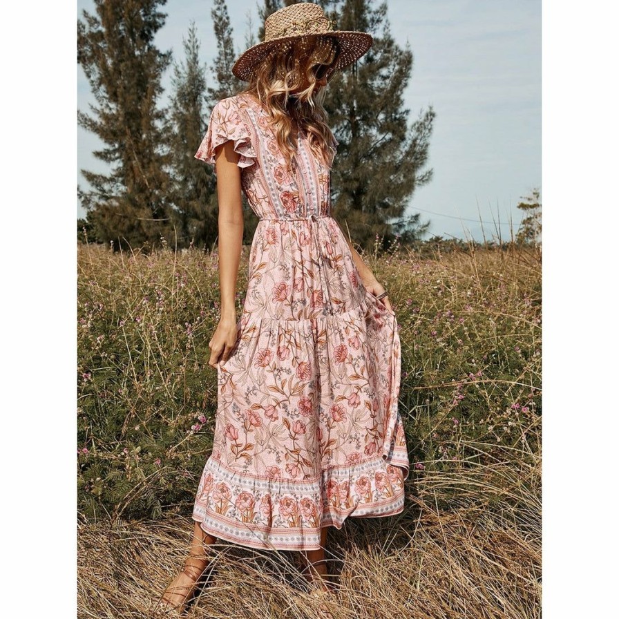 Women * | J+J Pink Floral Print Butterfly Sleeve Dress