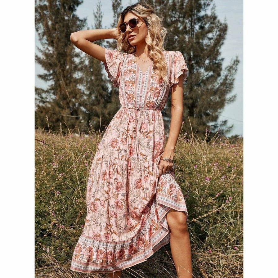 Women * | J+J Pink Floral Print Butterfly Sleeve Dress