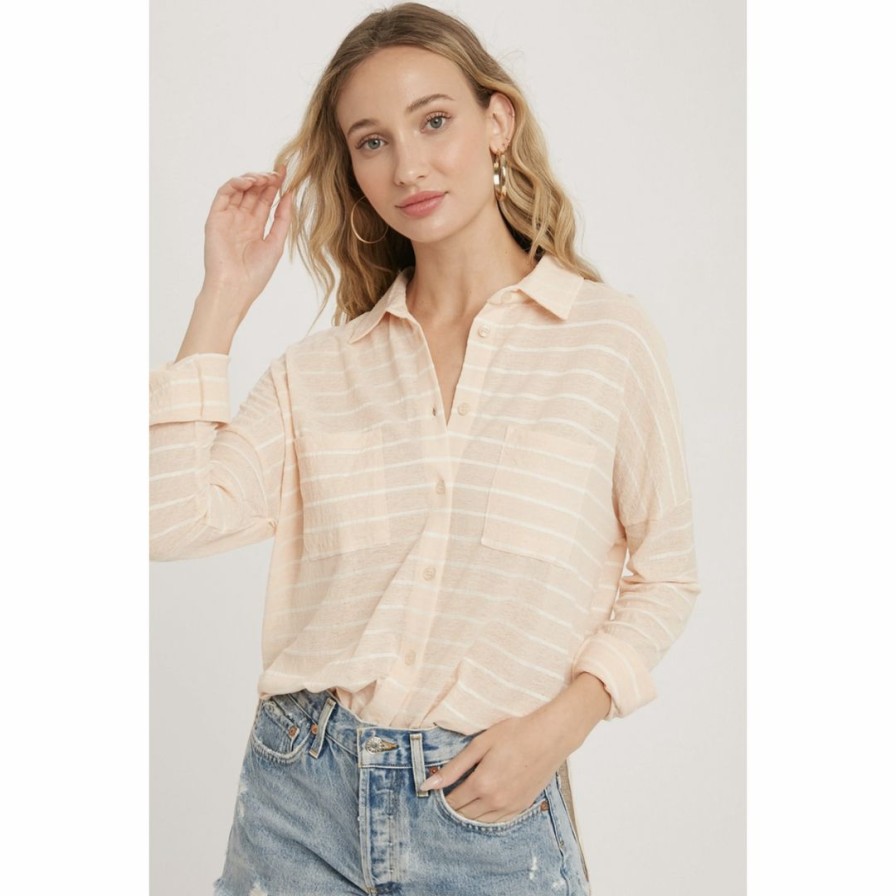 Women * | J+J Peach Stripe Burnout Button Up Knit Shirt