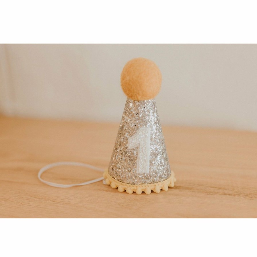 Party Time * | Cutest Little Party Party Time # 1 Silver Glitter + Mustard Pom Trim + White Glitter Party Hat